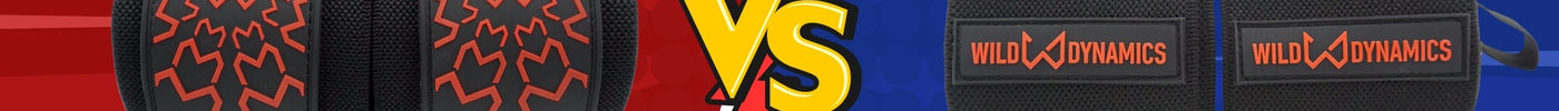 Split image: left red “Hard” shows rigid black wrist wraps with red design; VS bolt; right blue “Soft” shows flexible black wraps with logo.