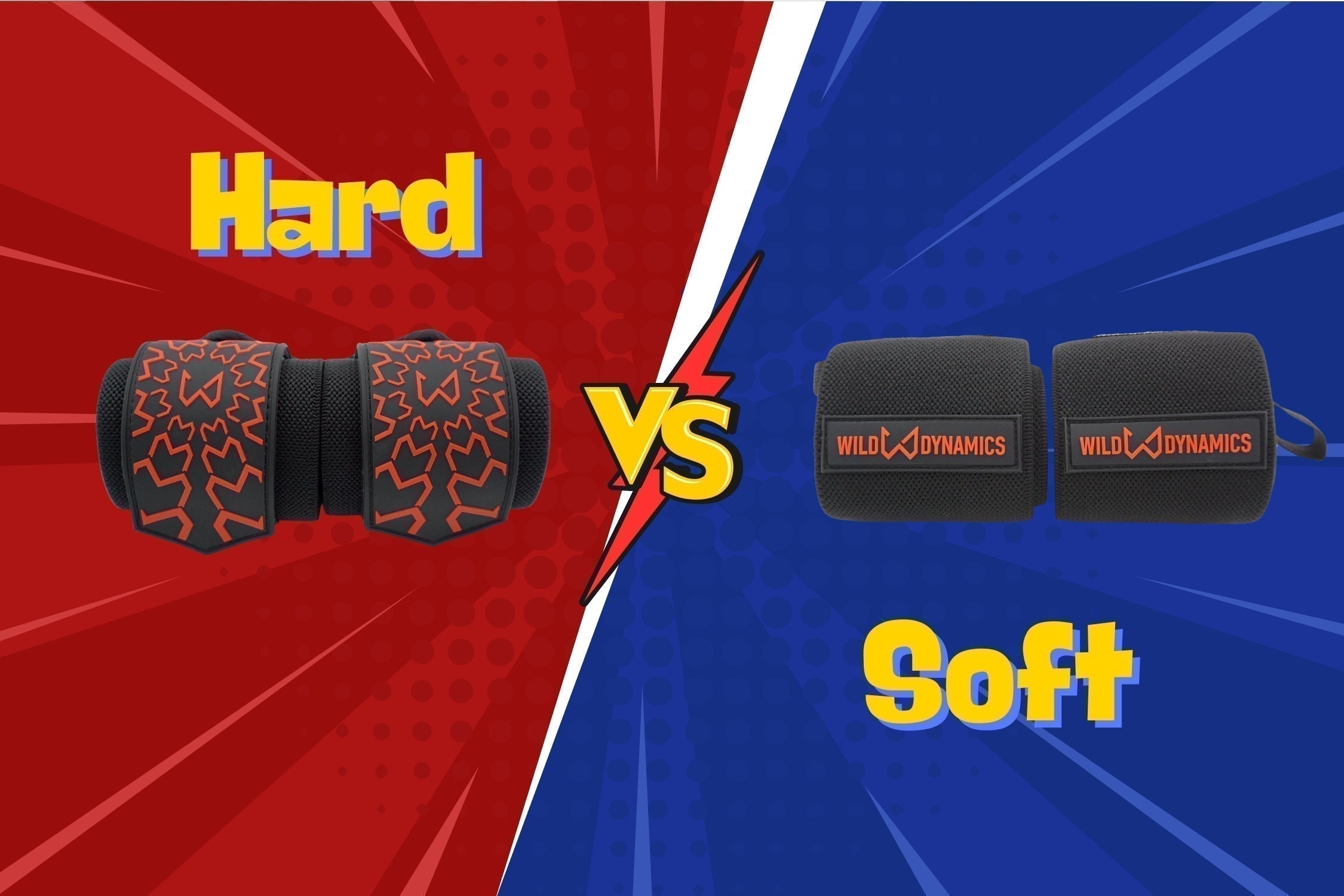 Split image: left red “Hard” shows rigid black wrist wraps with red design; VS bolt; right blue “Soft” shows flexible black wraps with logo.