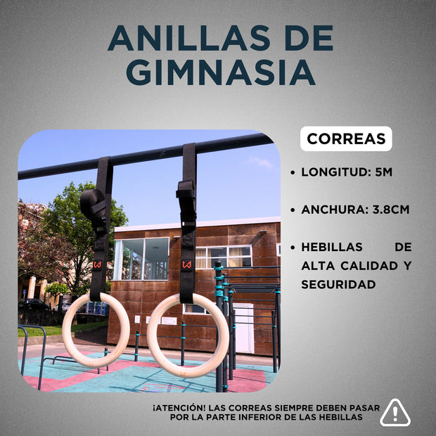 Anillas de gimnasia en equipo de parque infantil con texto sobre los detalles del producto y advertencias de seguridad.