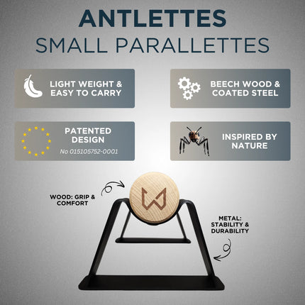 Small parallettes with features listed on a gray background