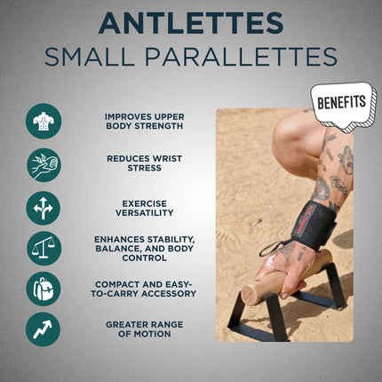 Advertisement for Antlettes small parallettes with benefits listed and a person using them.