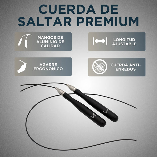 Cuerda para saltar premium con las características indicadas sobre un fondo gris.