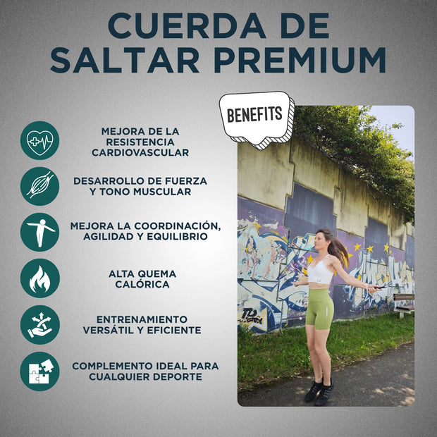 Persona usando una cuerda para saltar con los beneficios destacados sobre un fondo gris.