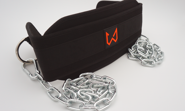 Black dip belt with red logo and attached chains on a white background