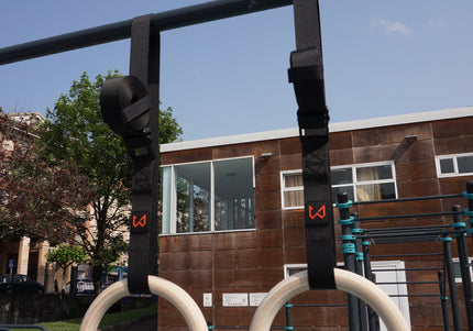 Two workout rings with orange logo of wild dynamics in an urban calisthenics park