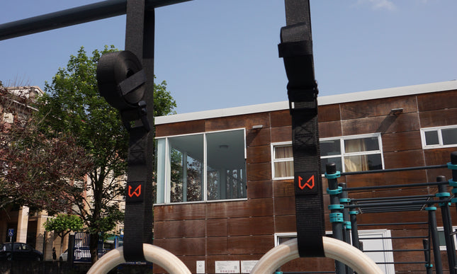 Two workout rings with orange logo of wild dynamics in an urban calisthenics park