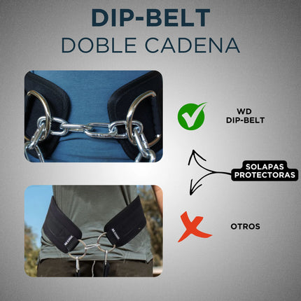 Cinturón de lastre con diseño de cadena y clips de protección sobre un fondo gris.