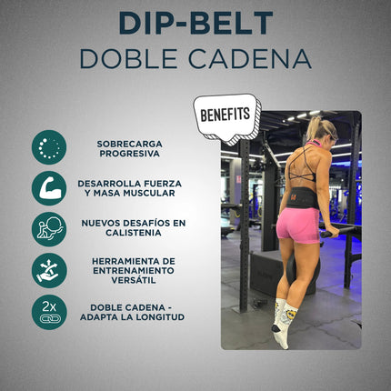 Anuncio de un cinturón de lastre con los beneficios destacados y una persona usándolo en el gimnasio.