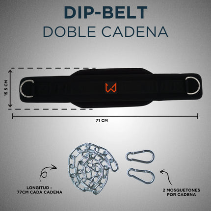 Cinturón de lastre con cadena y mosquetones sobre un fondo gris.