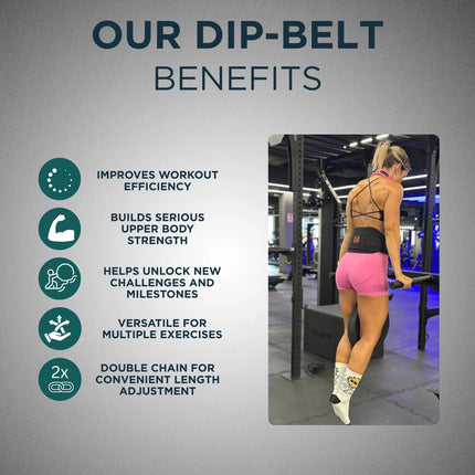 Person using a dip belt with text highlighting benefits on a gray background