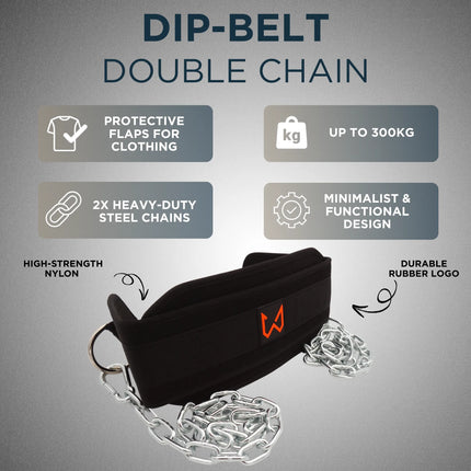 Dip-belt with double chain on a gray background with feature text.