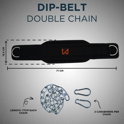 Dip-belt double chain product with dimensions and components on a gray background