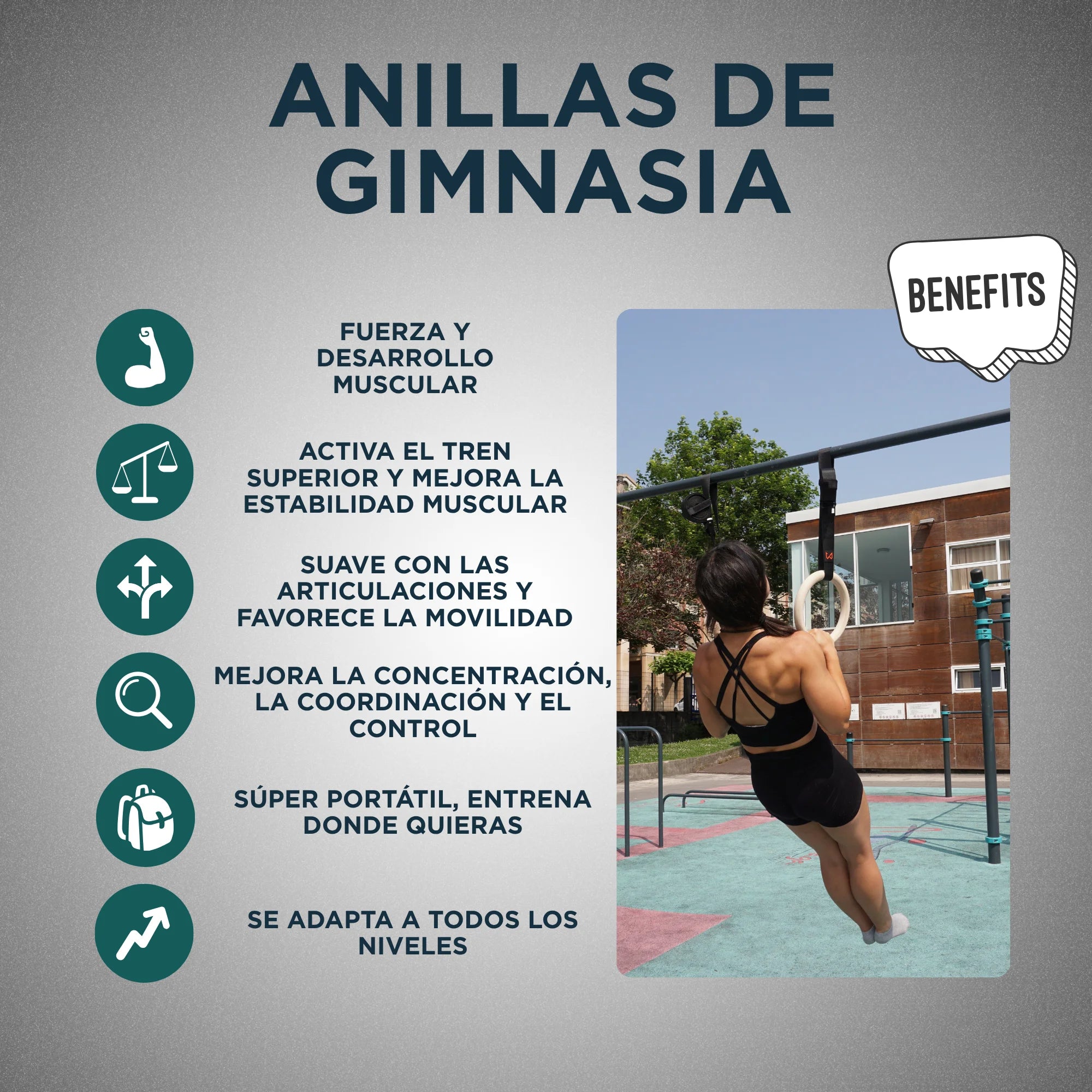 Anuncio de anillas de gimnasia con texto y una mujer entrenando al aire libre.