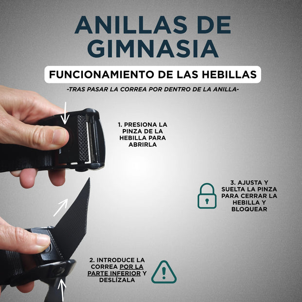 Instrucciones para usar las anillas de gimnasia con texto en español sobre un fondo gris.