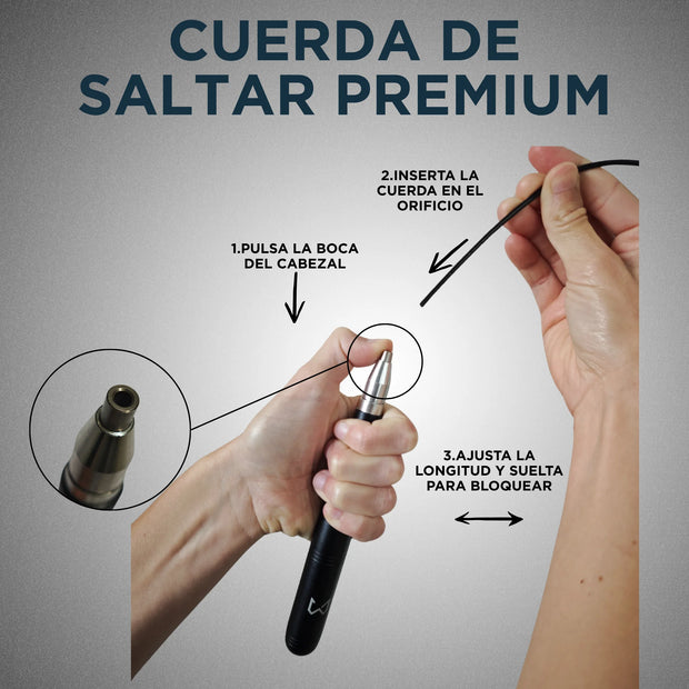 Instrucciones para usar una “Cuerda de Saltar Premium” con manos sosteniendo una herramienta y texto sobre un fondo gris.