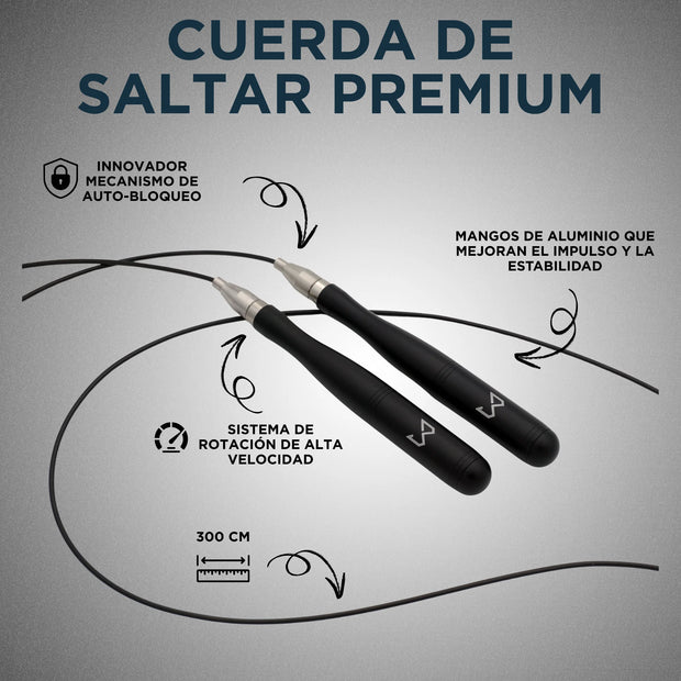 Anuncio de una cuerda para saltar premium con las características destacadas sobre un fondo gris.