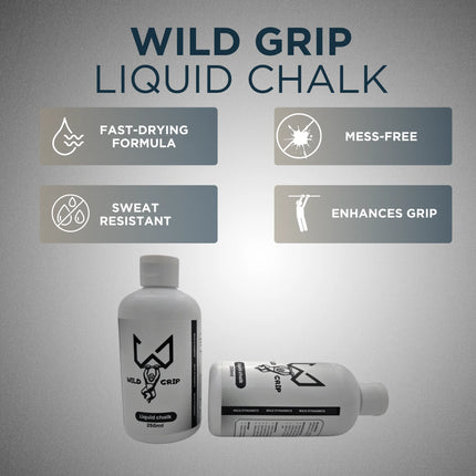 Wild Grip liquid chalk bottle with features on a gray background