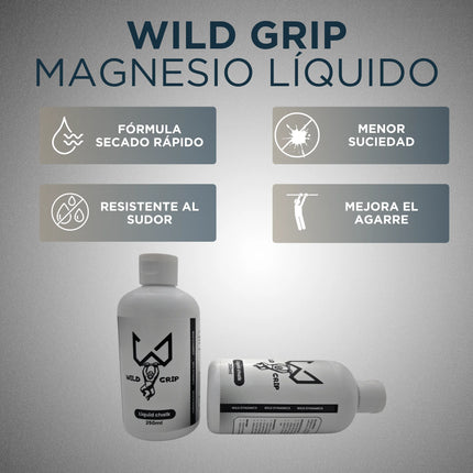 Botella de magnesio líquido Wild Grip con las características sobre un fondo gris.