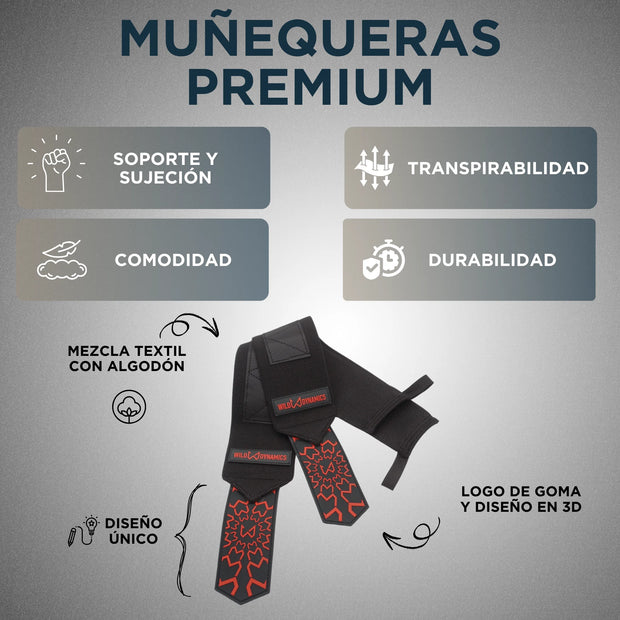 Anuncio de muñequeras premium con características y presentación del producto sobre un fondo gris.