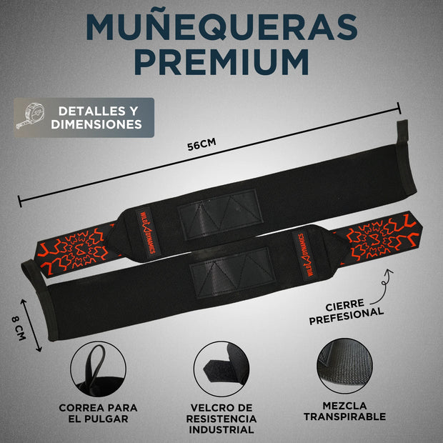 Straps negros con patrones rojos sobre un fondo gris, mostrando las medidas y características.