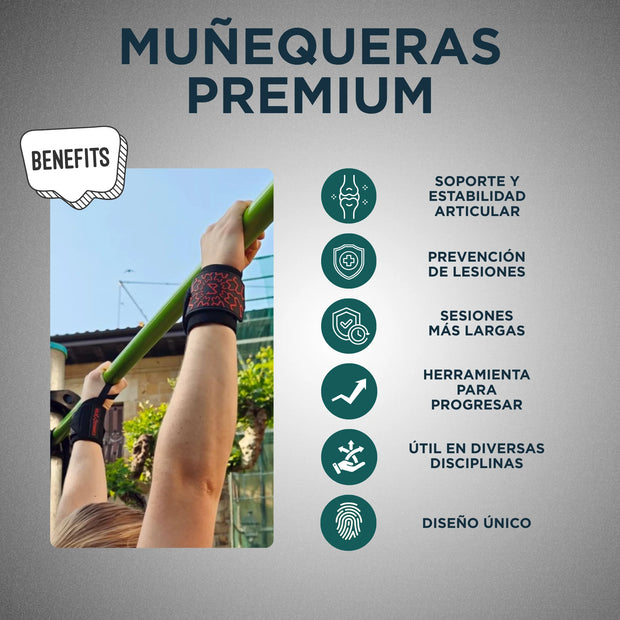 Anuncio de “Muñequeras Premium” con los beneficios destacados sobre un fondo gris.