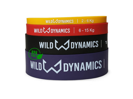 Set of Wild Dynamics resistance bands in different colors and sizes on a white background