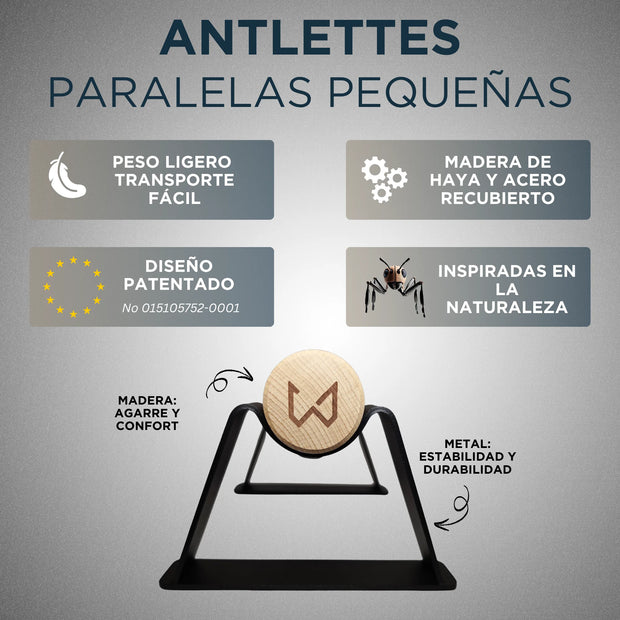 Paralletas Antlettes de madera y metal sobre un fondo gris, con texto que muestra las características del producto.