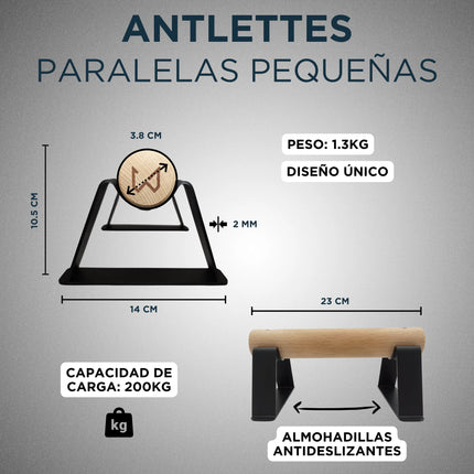 Barras paralelas pequeñas con dimensiones y especificaciones sobre un fondo gris.