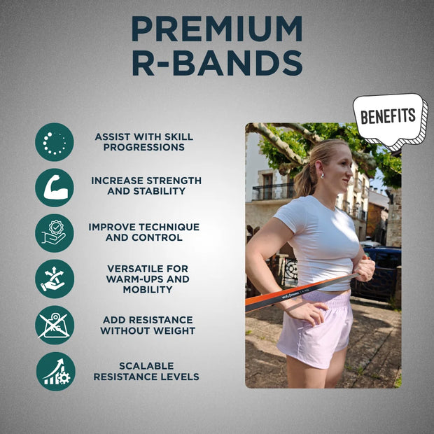Advertisement for Premium R-Bands with a woman exercising outdoors and listed benefits on a gray background.