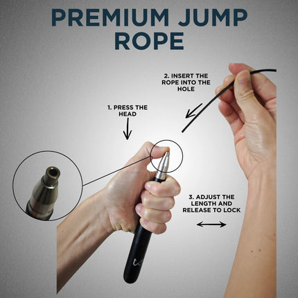 Instructions for using a premium jump rope on a gray background