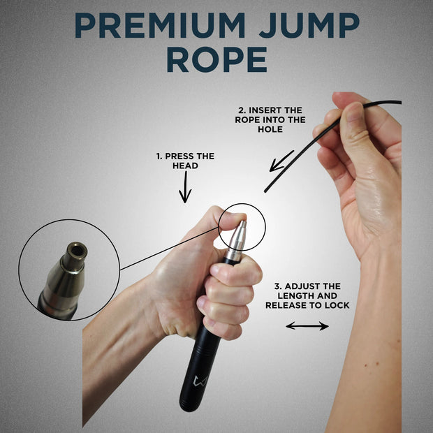 Instructions for using a premium jump rope on a gray background