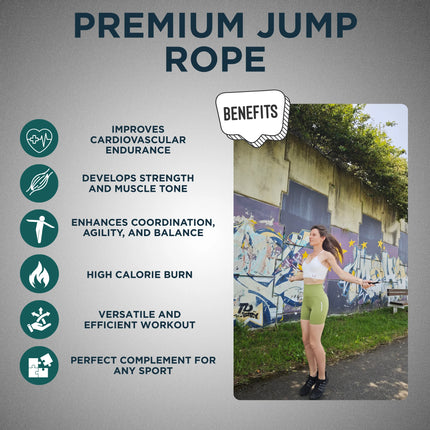 Advertisement for a premium jump rope with benefits listed and a person using it outdoors.