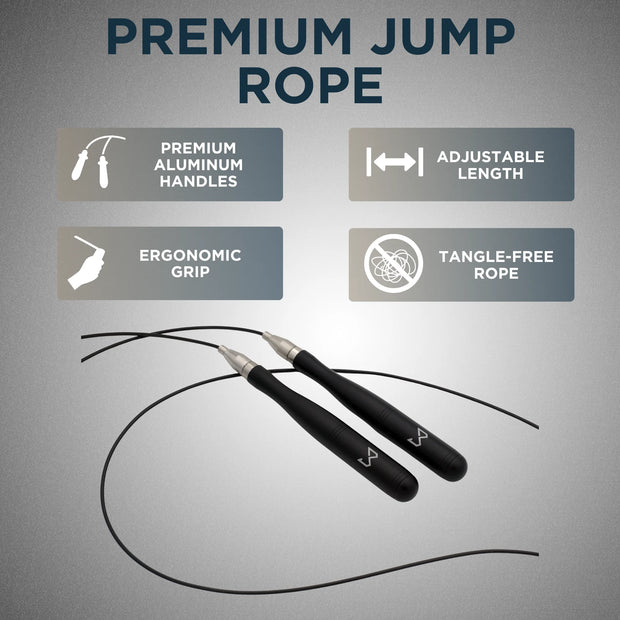 Premium jump rope with features listed on a gray background