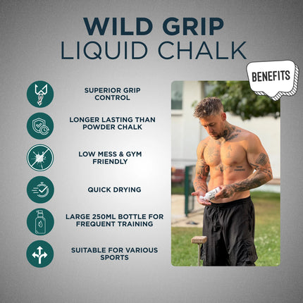 Advertisement for Wild Grip Liquid Chalk with a person applying chalk outdoors.