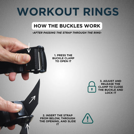 Instructions on how to use workout rings with a buckle, showing a hand demonstrating the process.
