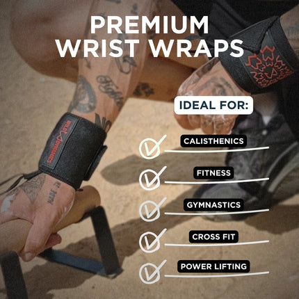 Person wearing premium wrist wraps with text indicating uses for calisthenics, fitness, gymnastics, cross fit, and power lifting.
