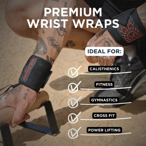 Person wearing premium wrist wraps with text indicating uses for calisthenics, fitness, gymnastics, cross fit, and power lifting.