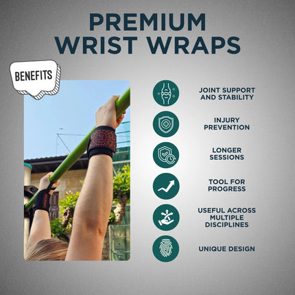 Advertisement for premium wrist wraps with benefits listed on a gray background