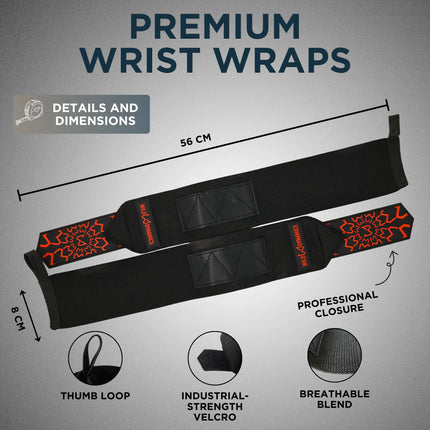 Black wrist wraps with red patterns on a gray background, featuring details and dimensions.