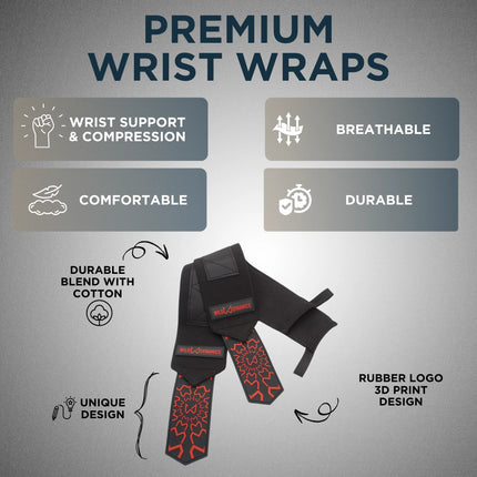 Premium wrist wraps with features listed on a gray background