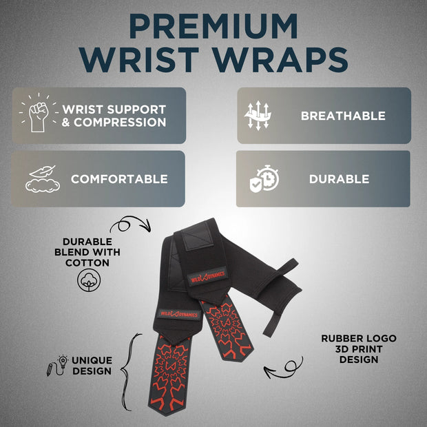 Premium wrist wraps with features listed on a gray background