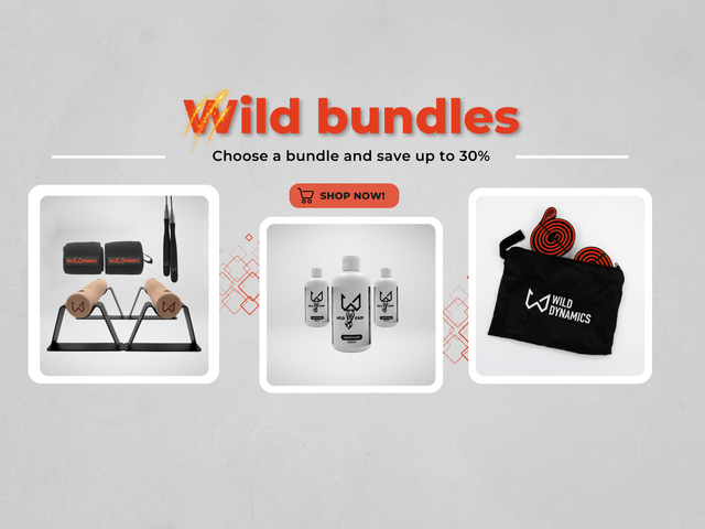 Promotional graphic for 'Wild bundles' with fitness equipment and a discount offer on a gray background.