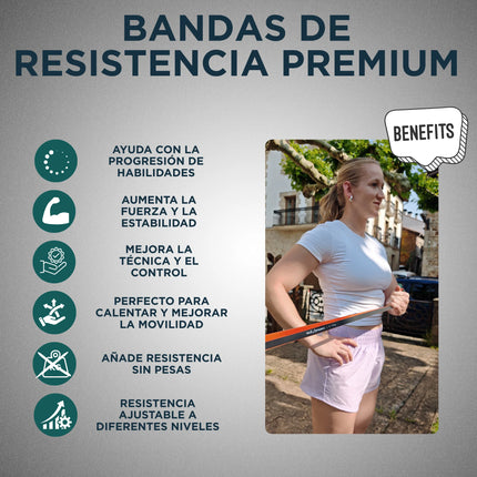 Anuncio de bandas de resistencia premium con una mujer entrenando al aire libre y los beneficios destacados sobre un fondo gris.