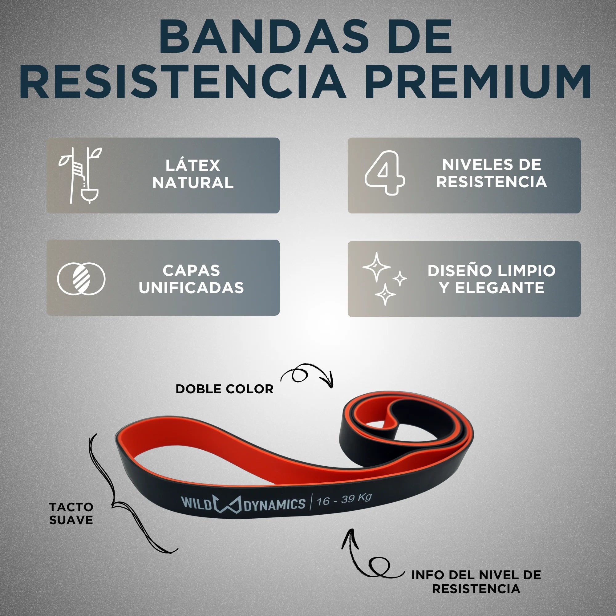 Banda de resistencia con las características destacadas sobre un fondo gris.