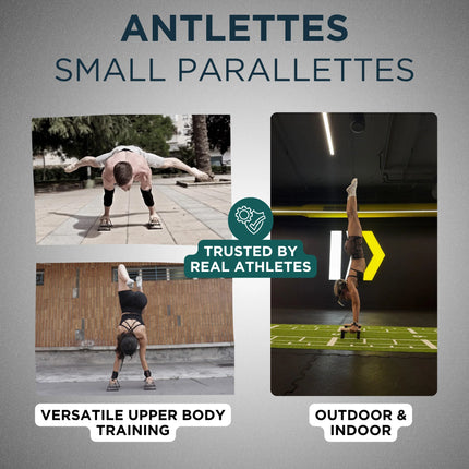 Advertisement for Antlettes small parallettes with images of people using them outdoors and indoors.