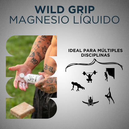 Anuncio de “Wild Grip Magnesio Líquido” que muestra a una persona aplicando magnesio líquido en las manos, con íconos de temática deportiva sobre un fondo gris.