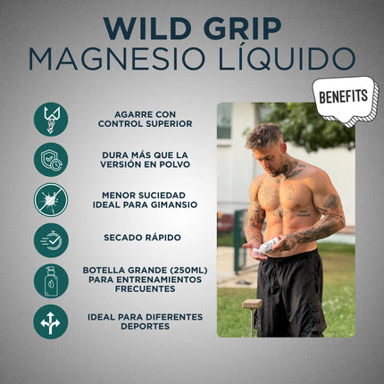 Anuncio de Wild Grip Magnesio Líquido con una persona sosteniendo una botella al aire libre.