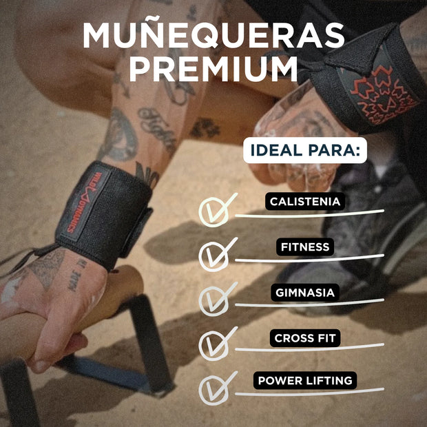 Muñequeras con tatuajes en las manos, etiquetadas como “Muñequeras Premium” para actividades de fitness.