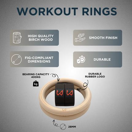 Wooden workout rings with durability features on a gray background