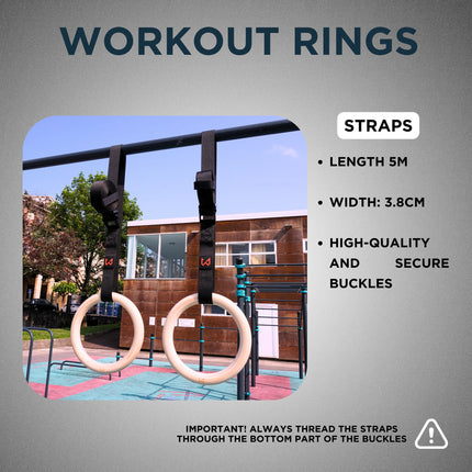 Workout rings with straps on a playground structure against a gray background with product details.